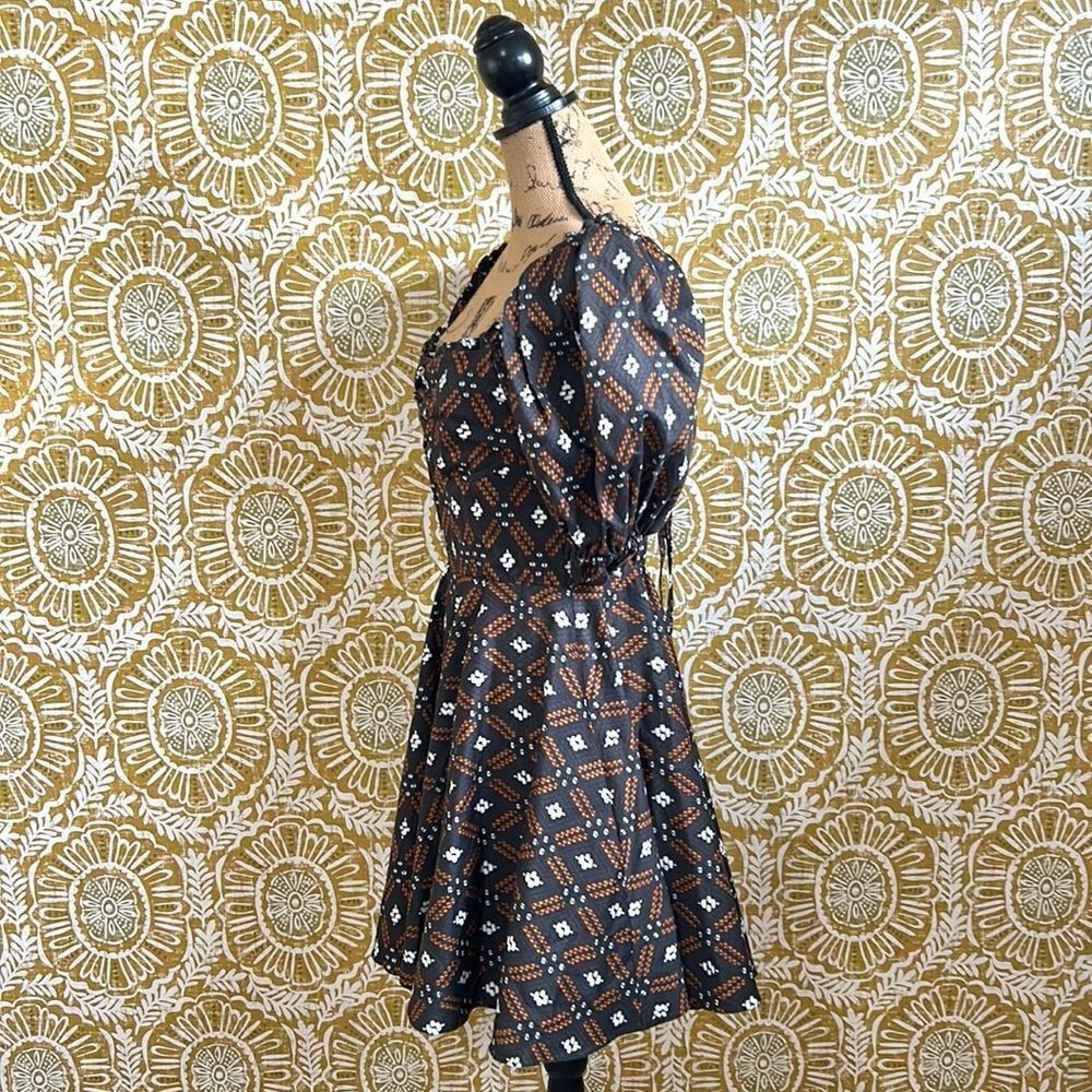 NWOT Autumn Adeigbo Camille Diamond Print Puff Sleeve Lace Up Back Mini Dress 8 - Picture 11 of 16